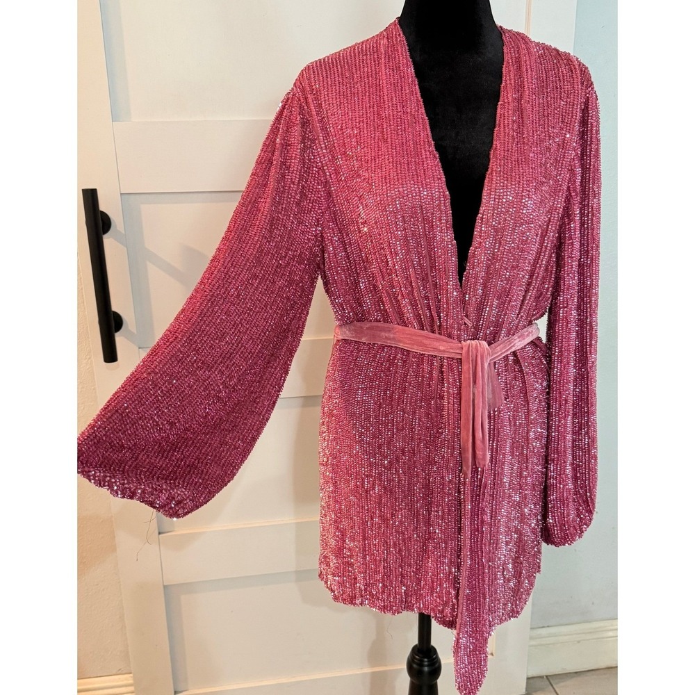 Retrofete Grace Sequin Mini Dress Magenta Pink Velvet Belt XS Party Wedding
